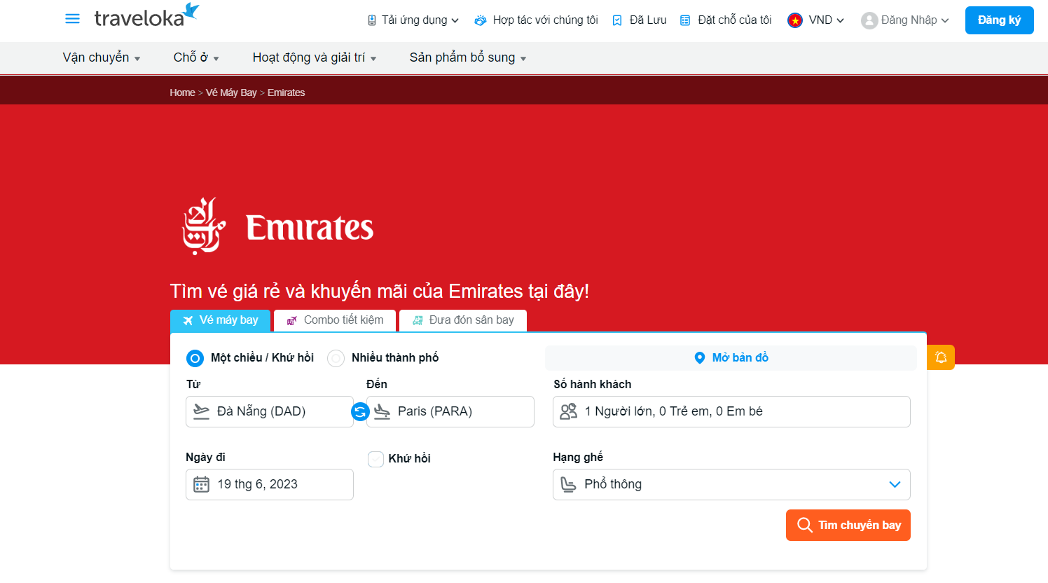 Giao diện đặt vé Emirates trên nền tảng Traveloka | Ảnh: Traveloka